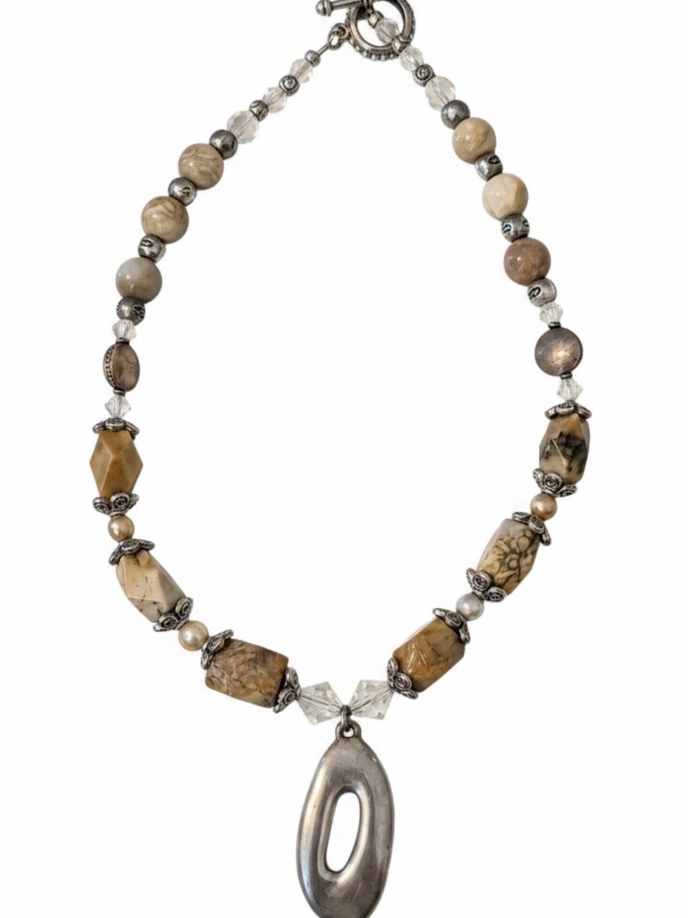 Bat-Ami 925 Silver with Beige Stone Pendant Necklace with Silver Accent
